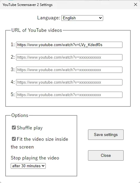 "YouTube Screensaver 2 Settings" dialog box
